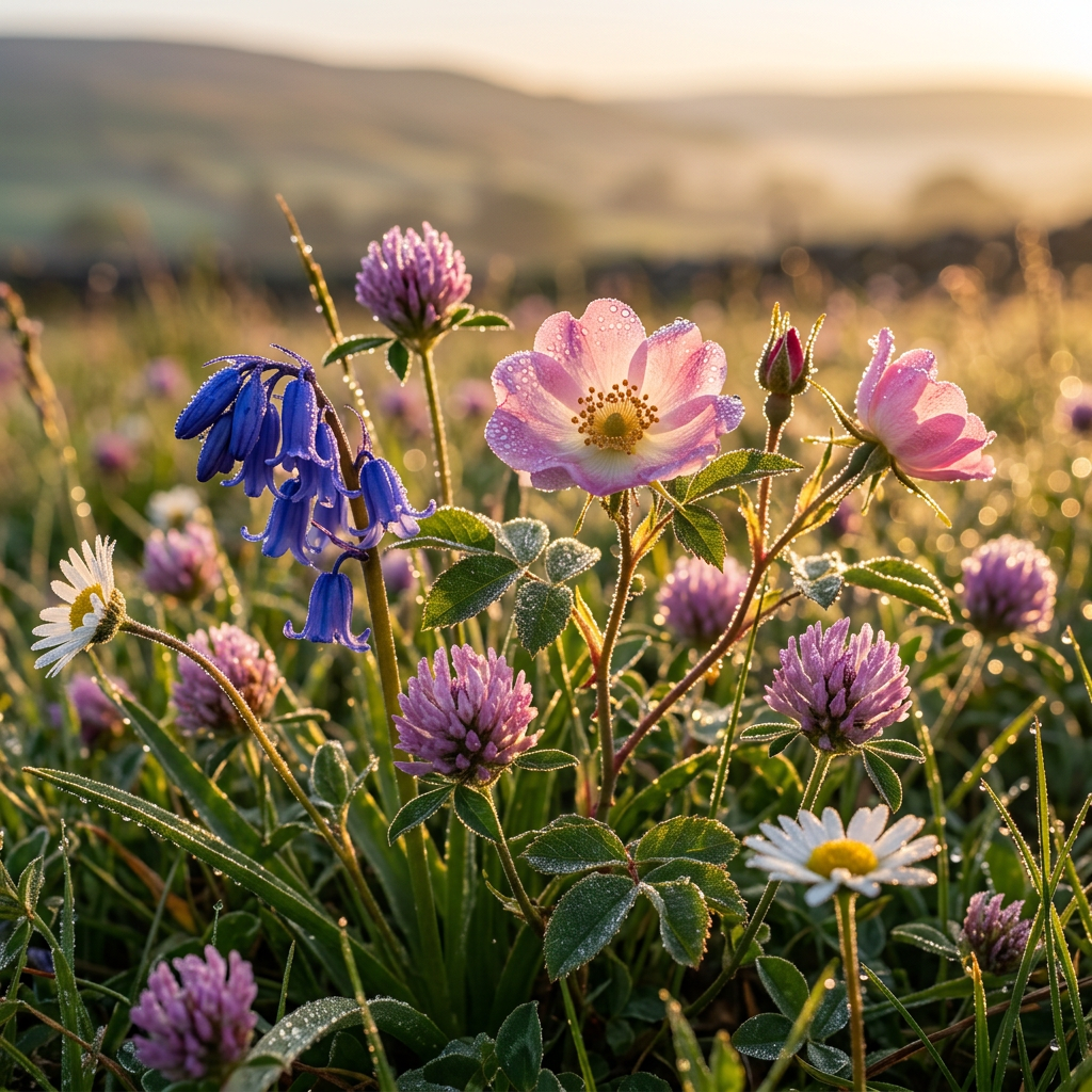 Pink, blue, purple, and white wildflowers with morning dew in a meadow